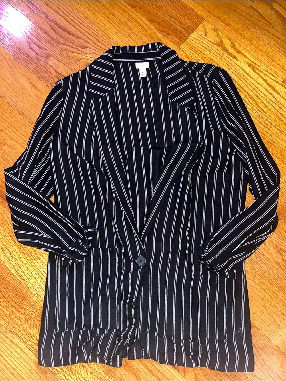 A New Day Black and White Pinstripe Single-Button Linen Blazer